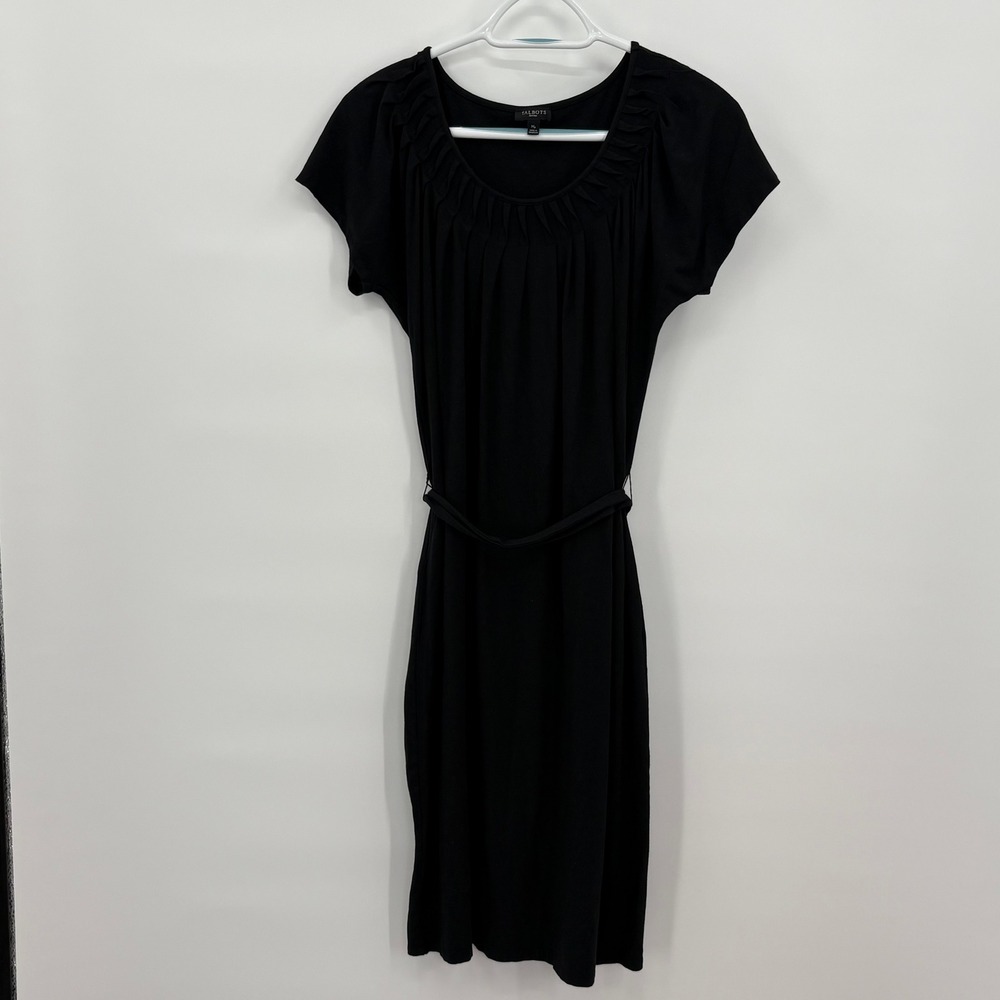 Talbots Petites Black Pleated Scoop Neck Cap Sleeve Belted Sheath Dress MP‎